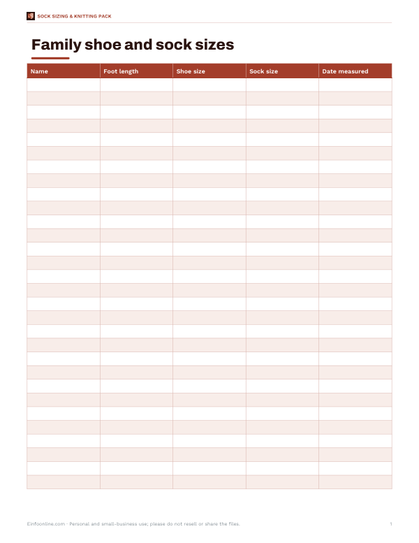 Preview of Printable Family Sock Size Chart