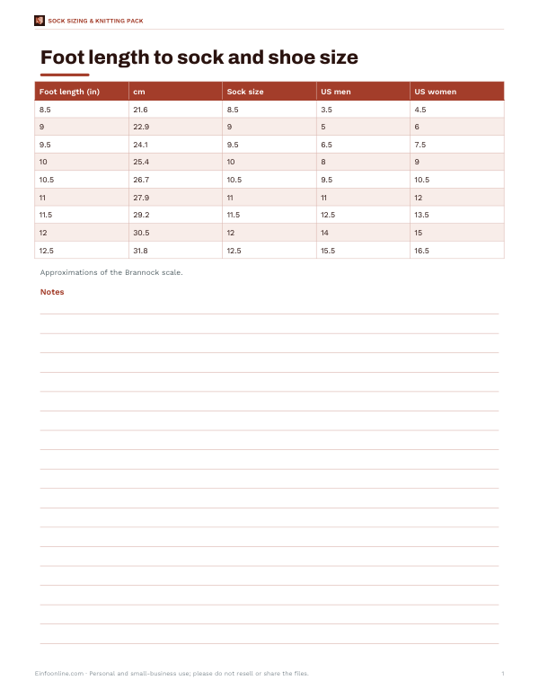 Preview of Printable Sock Size Chart