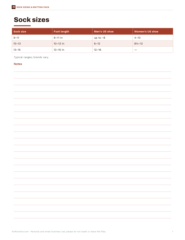 Preview of Printable Sock Size Chart